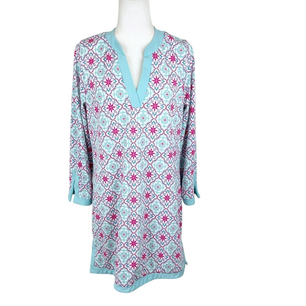 Aqua et Sol Dress Women Large Blue Pink Floral Coverup Long Sleeve Stretch Swim